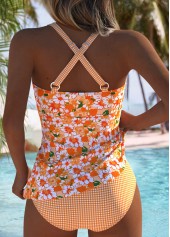 Mid Waisted Floral Print Criss Cross Orange Tankini Set