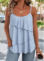 Striped Lightweight Blue Strappy Scoop Neck Camisole Top