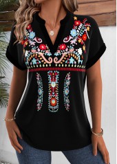 Tribal Print Black Short Sleeve Split Neck Blouse