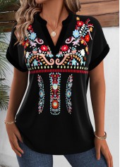 Tribal Print Black Short Sleeve Split Neck Blouse