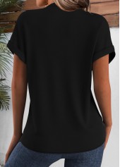 Tribal Print Black Short Sleeve Split Neck Blouse