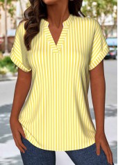 Striped Light Yellow Short Sleeve Split Neck Blouse