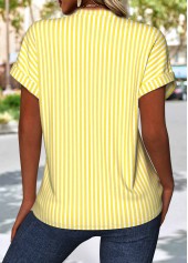 Striped Light Yellow Short Sleeve Split Neck Blouse