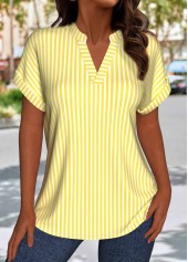 Striped Light Yellow Short Sleeve Split Neck Blouse