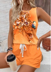 Floral Print Two Piece Orange Sleeveless Top and Shorts
