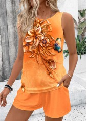 Floral Print Two Piece Orange Sleeveless Top and Shorts