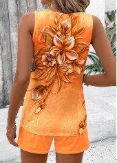 Floral Print Two Piece Orange Sleeveless Top and Shorts