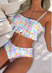 Mid Waisted Ditsy Floral Print Smocked Bikini Set