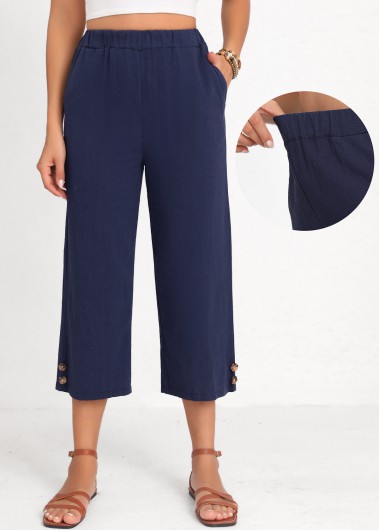 Navy Elastic Waist High Waisted Button Pants