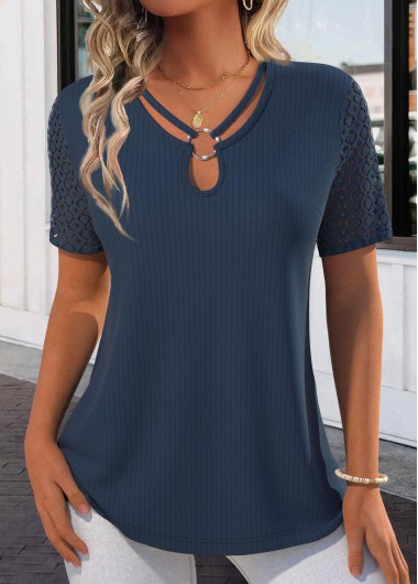 Plus Size Navy Lace Short Sleeve T Shirt