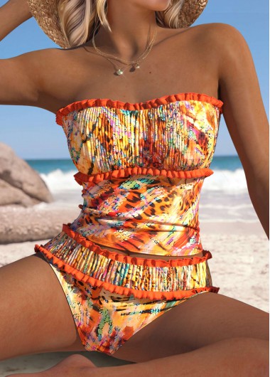 Mid Waisted Orange Leopard Tankini Set