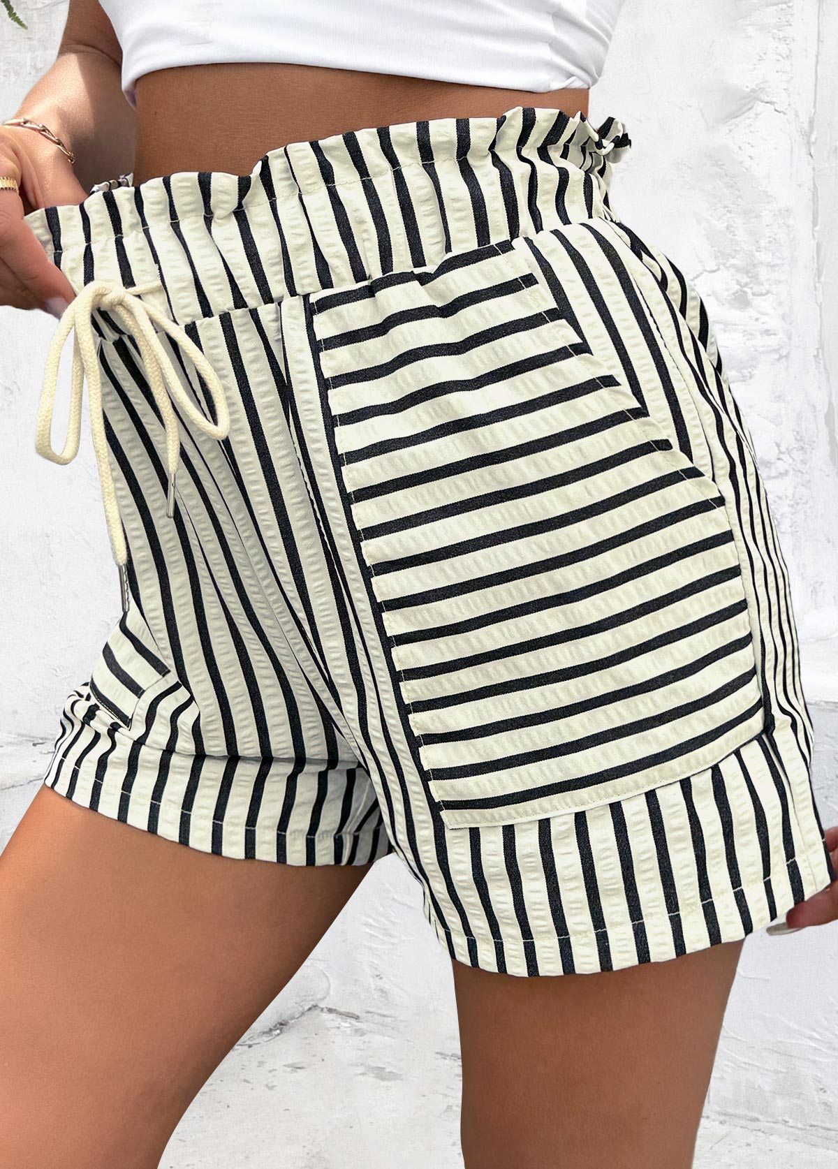 Striped Drawstring White Elastic Waist High Waisted Shorts