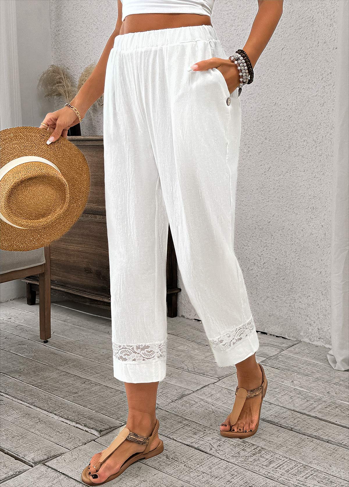 White Straight Leg Elastic Waist High Waisted Pants