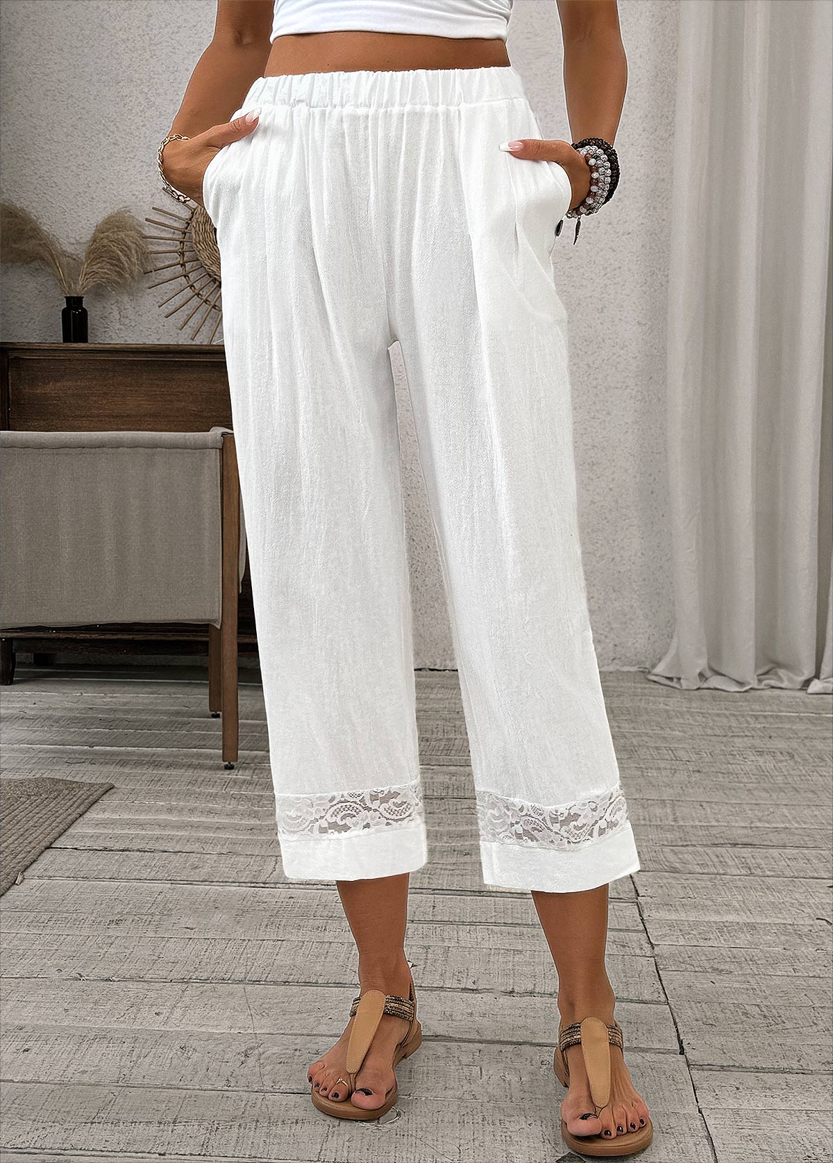 White Straight Leg Elastic Waist High Waisted Pants