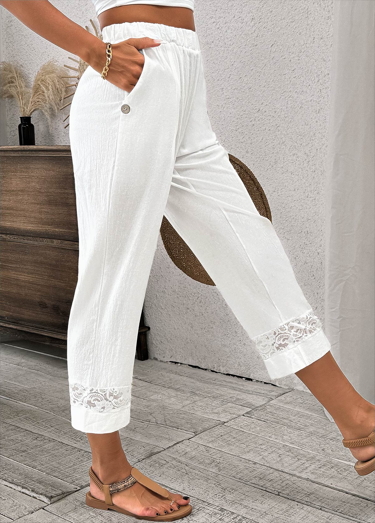 White Straight Leg Elastic Waist High Waisted Pants