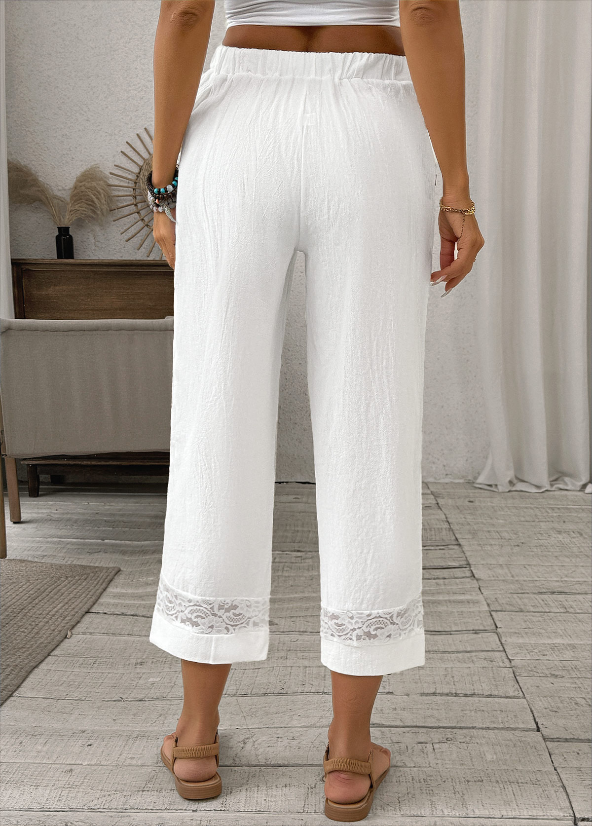 White Straight Leg Elastic Waist High Waisted Pants