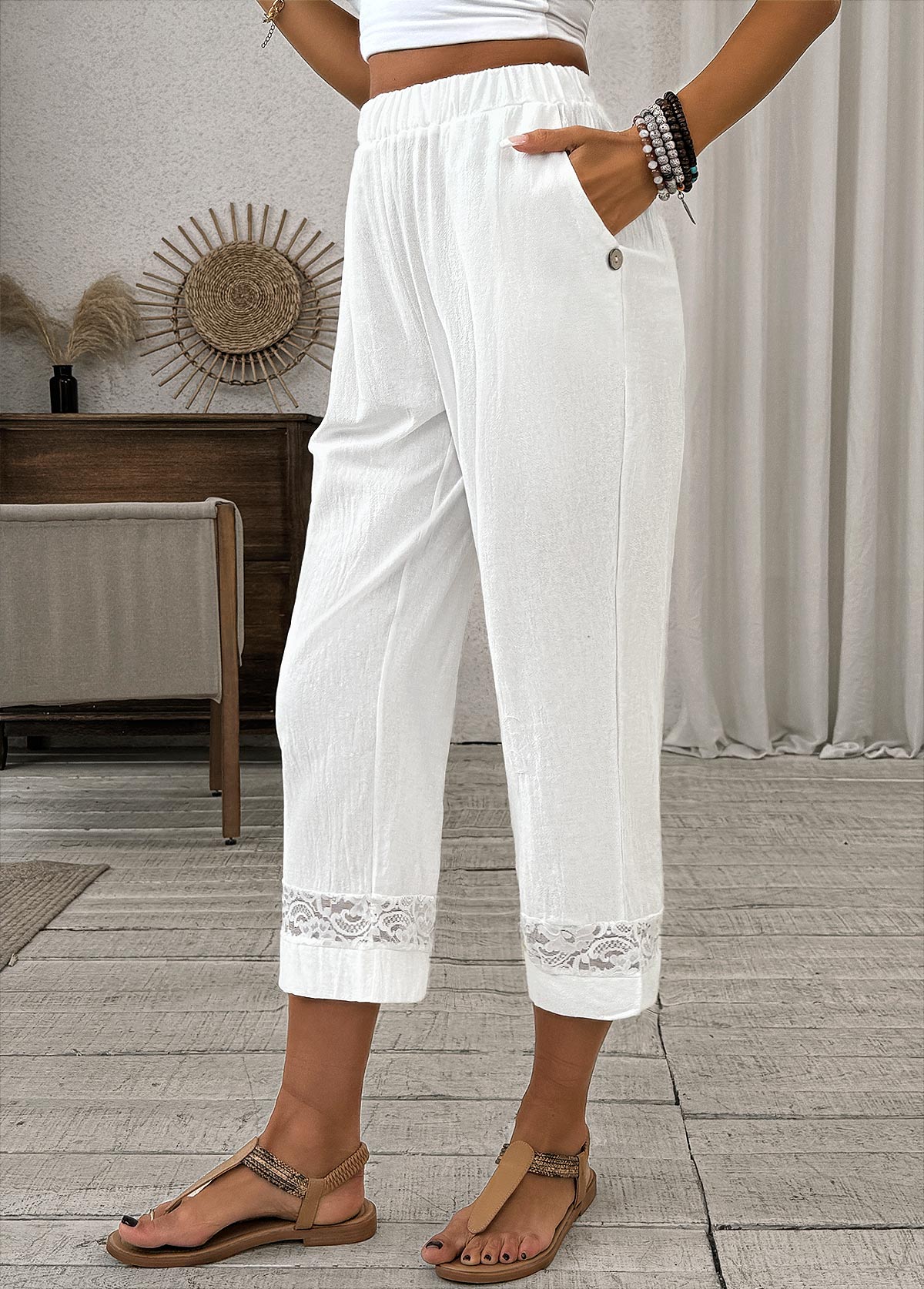 White Straight Leg Elastic Waist High Waisted Pants