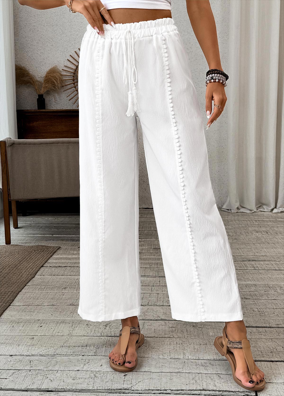 White Wide Leg Elastic Waist High Waisted Patchwork Pants