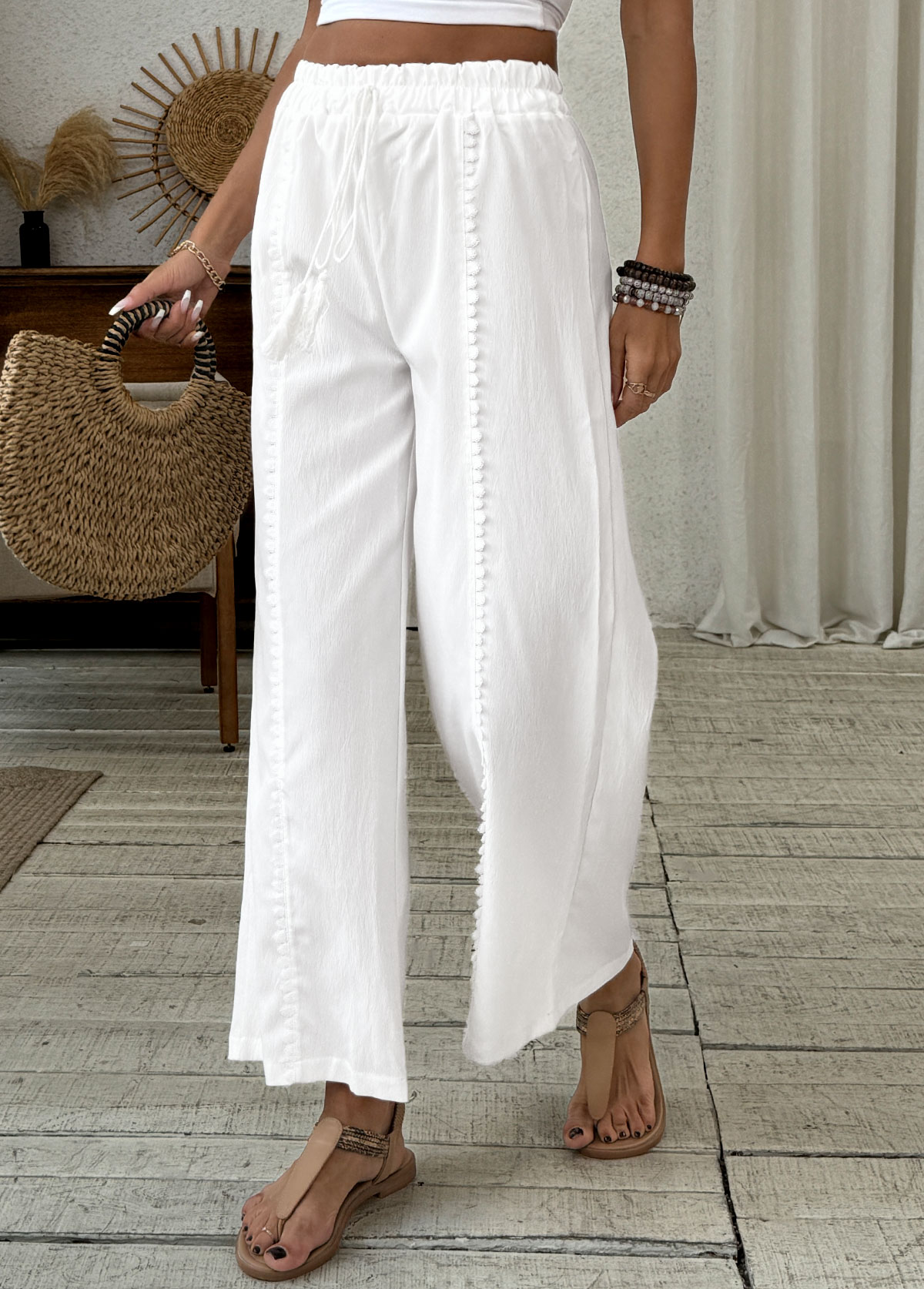 White Wide Leg Elastic Waist High Waisted Patchwork Pants