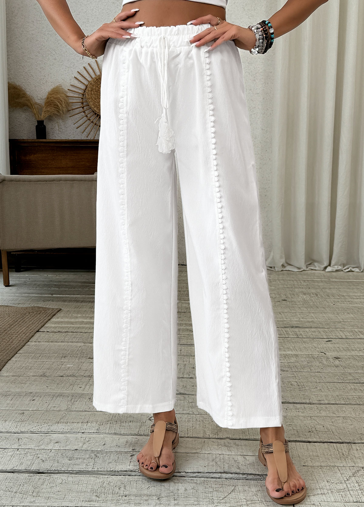 White Wide Leg Elastic Waist High Waisted Patchwork Pants