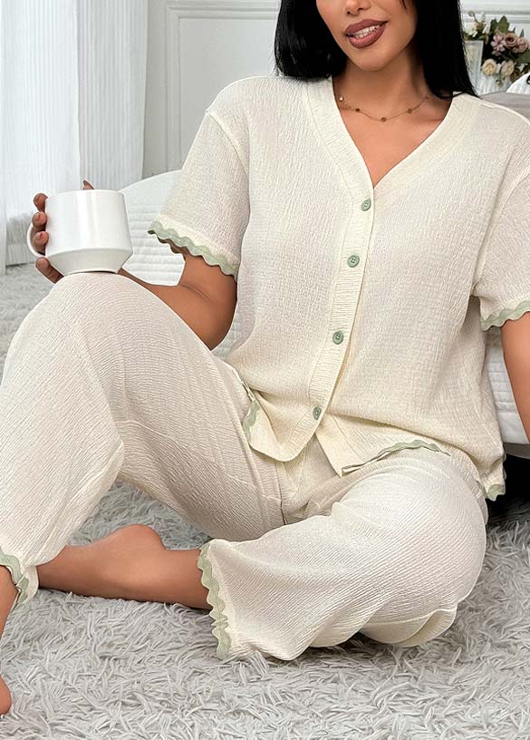 Beige V Neck Short Sleeve Lounge Top and Pants