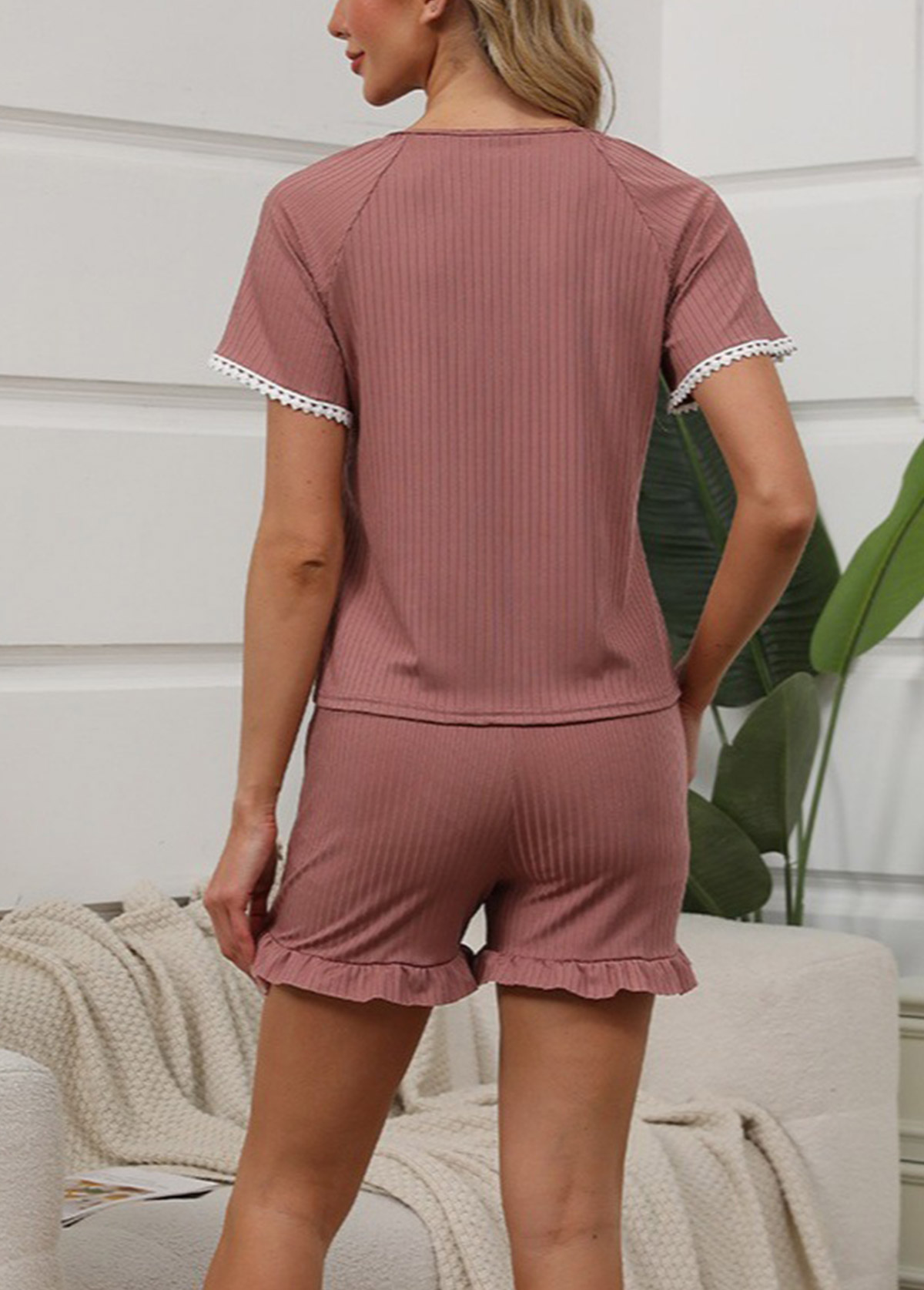 Short Sleeve Dark Reddish Purple Lounge Top and Shorts