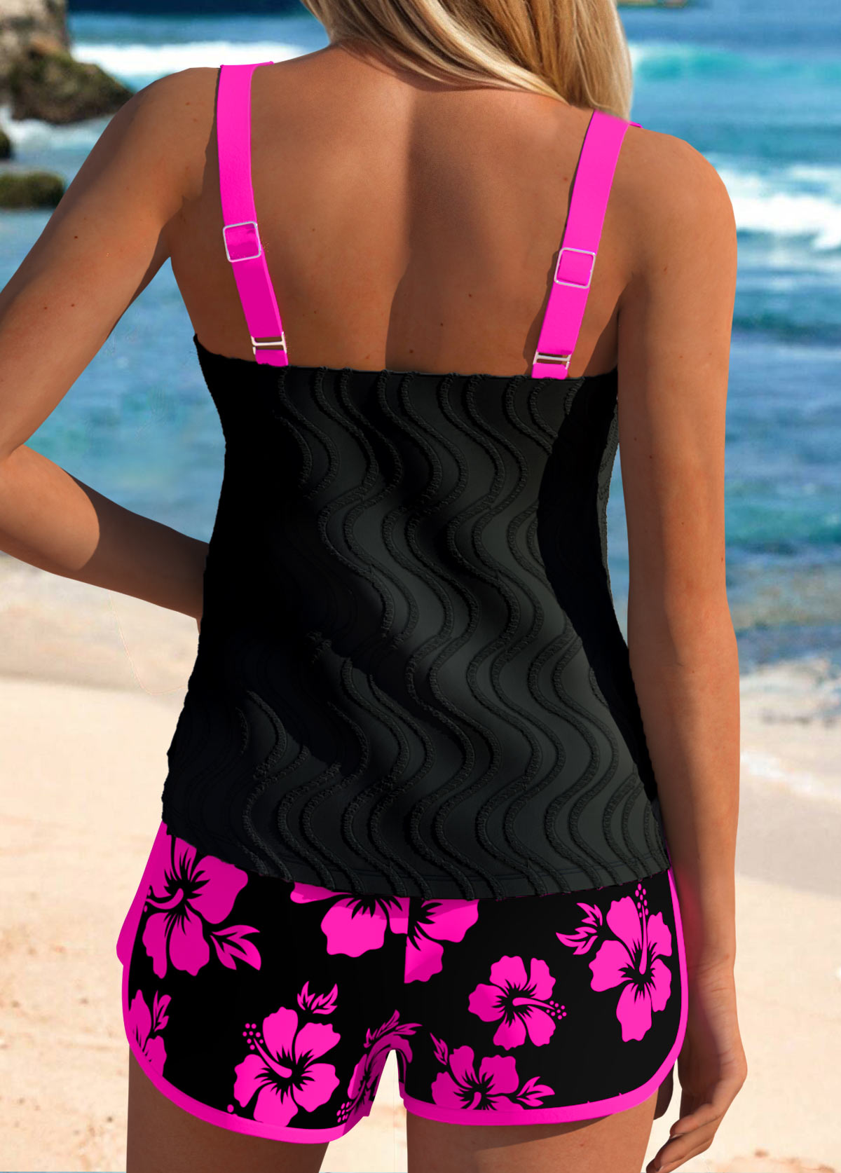 Mid Waisted Floral Print Contrast Binding Tankini Set