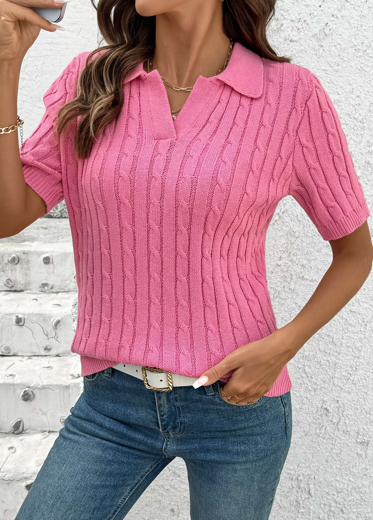 Turn Down Collar Hot Pink Short Sleeve Blouse