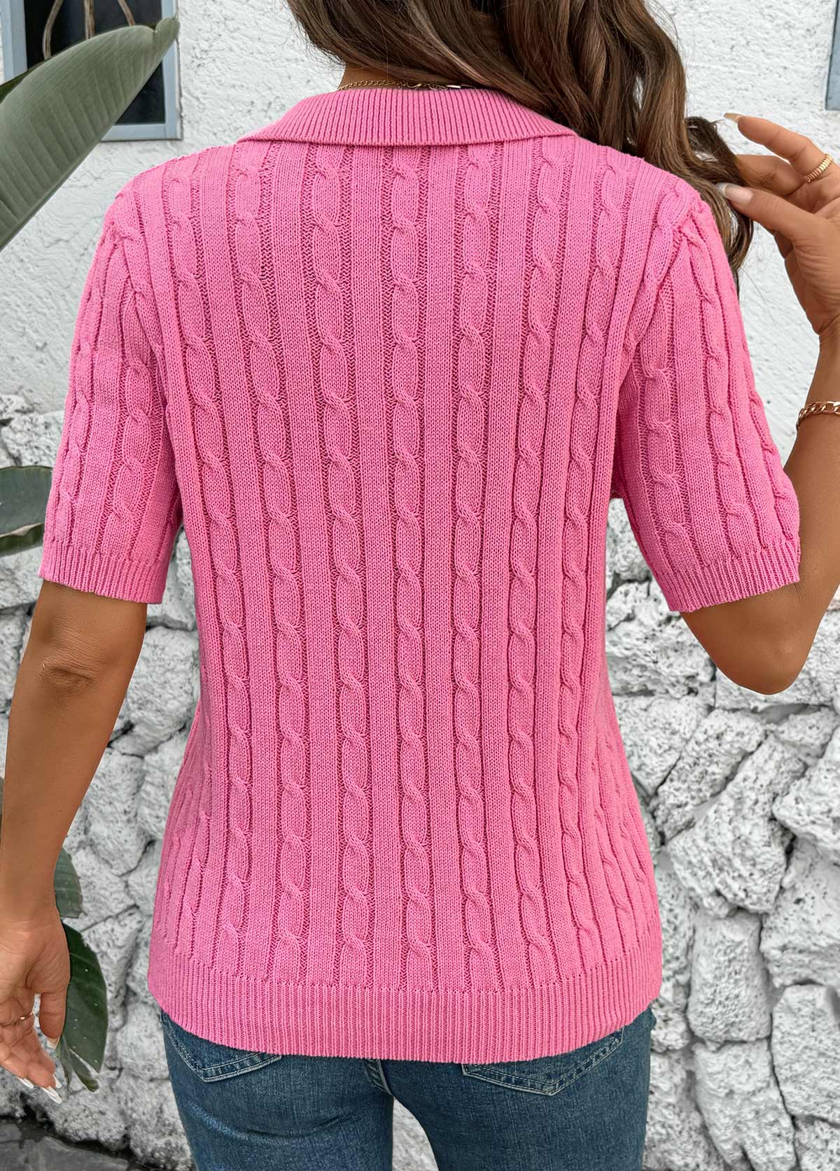 Turn Down Collar Hot Pink Short Sleeve Blouse