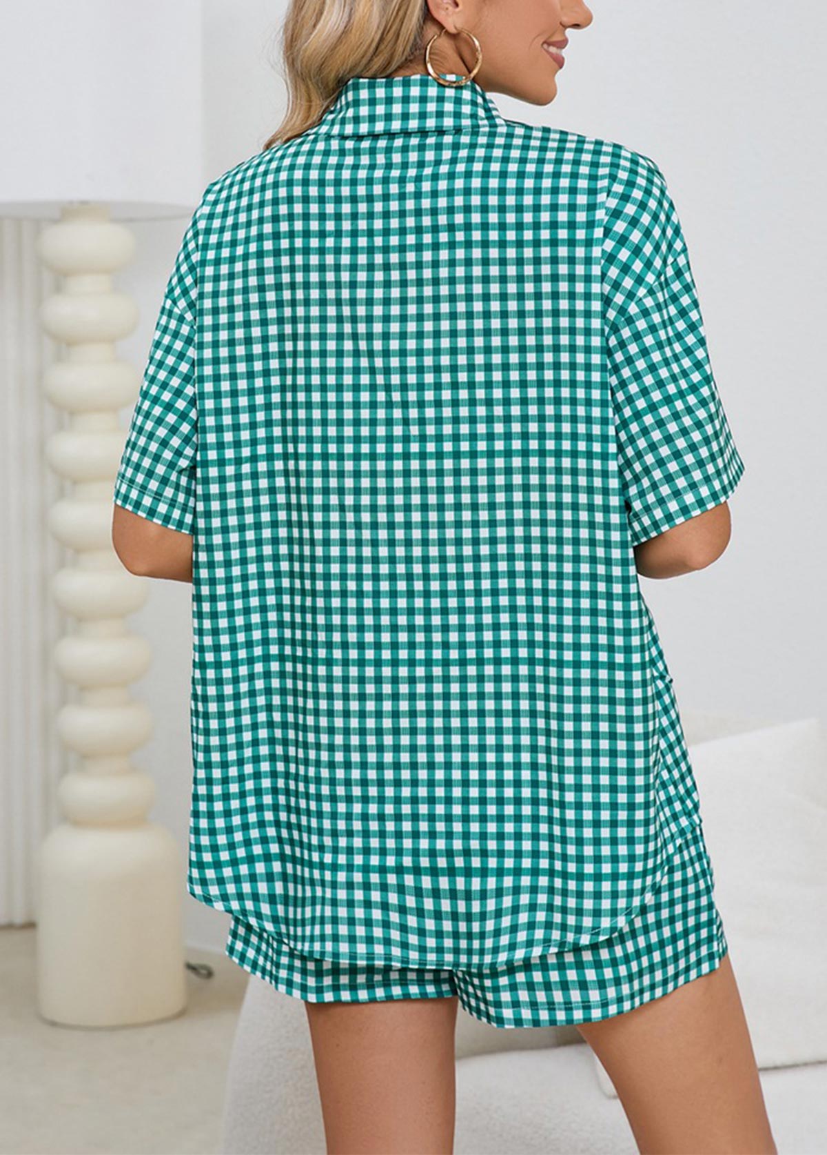 Mint Green Shirt Collar Plaid Lounge Top and Shorts