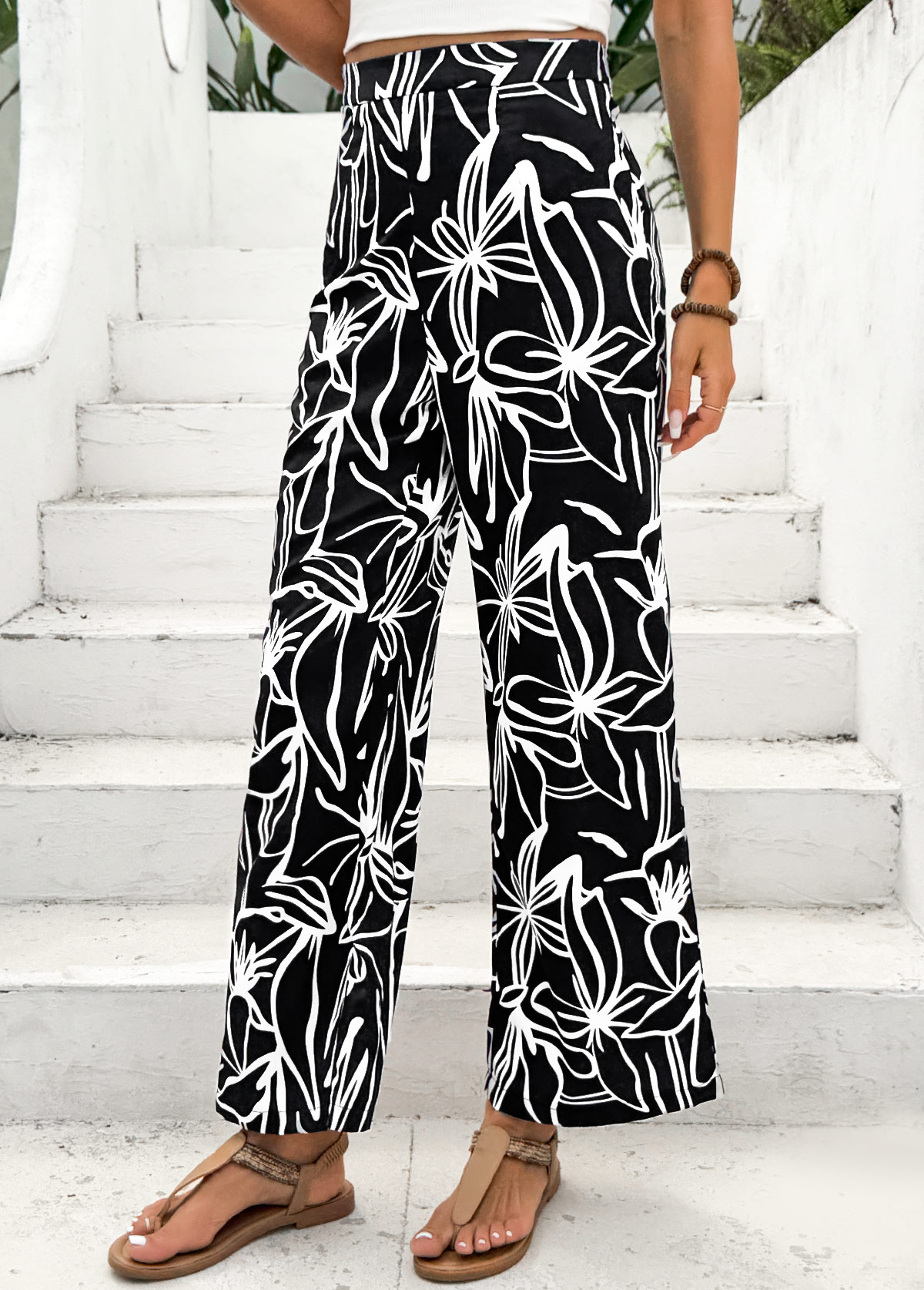 Random Floral Print Black Straight Leg Elastic Waist Pants