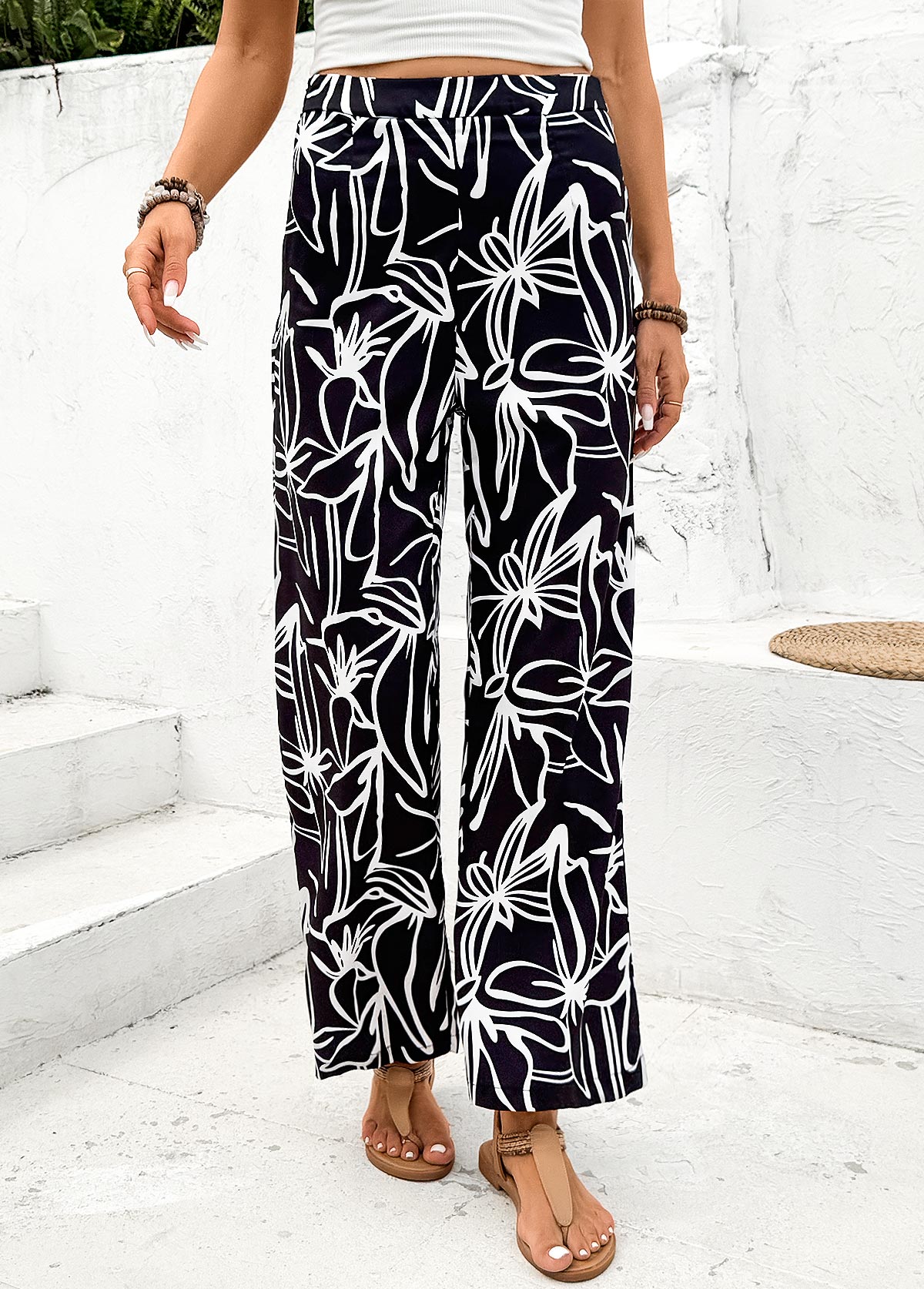 Random Floral Print Black Straight Leg Elastic Waist Pants