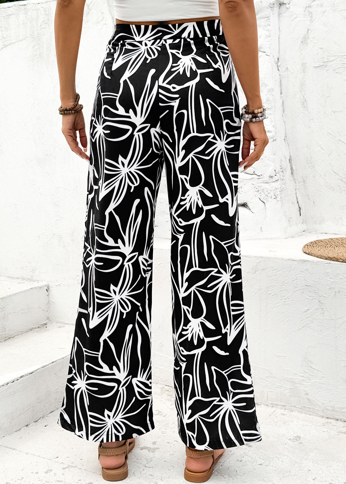 Random Floral Print Black Straight Leg Elastic Waist Pants