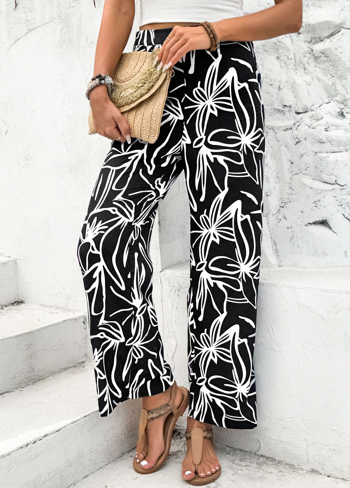 Random Floral Print Black Straight Leg Elastic Waist Pants