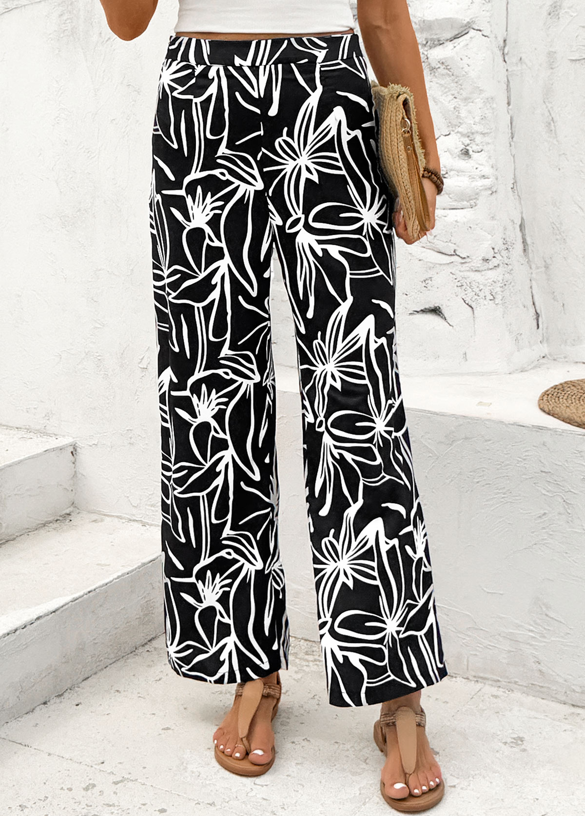 Random Floral Print Black Straight Leg Elastic Waist Pants
