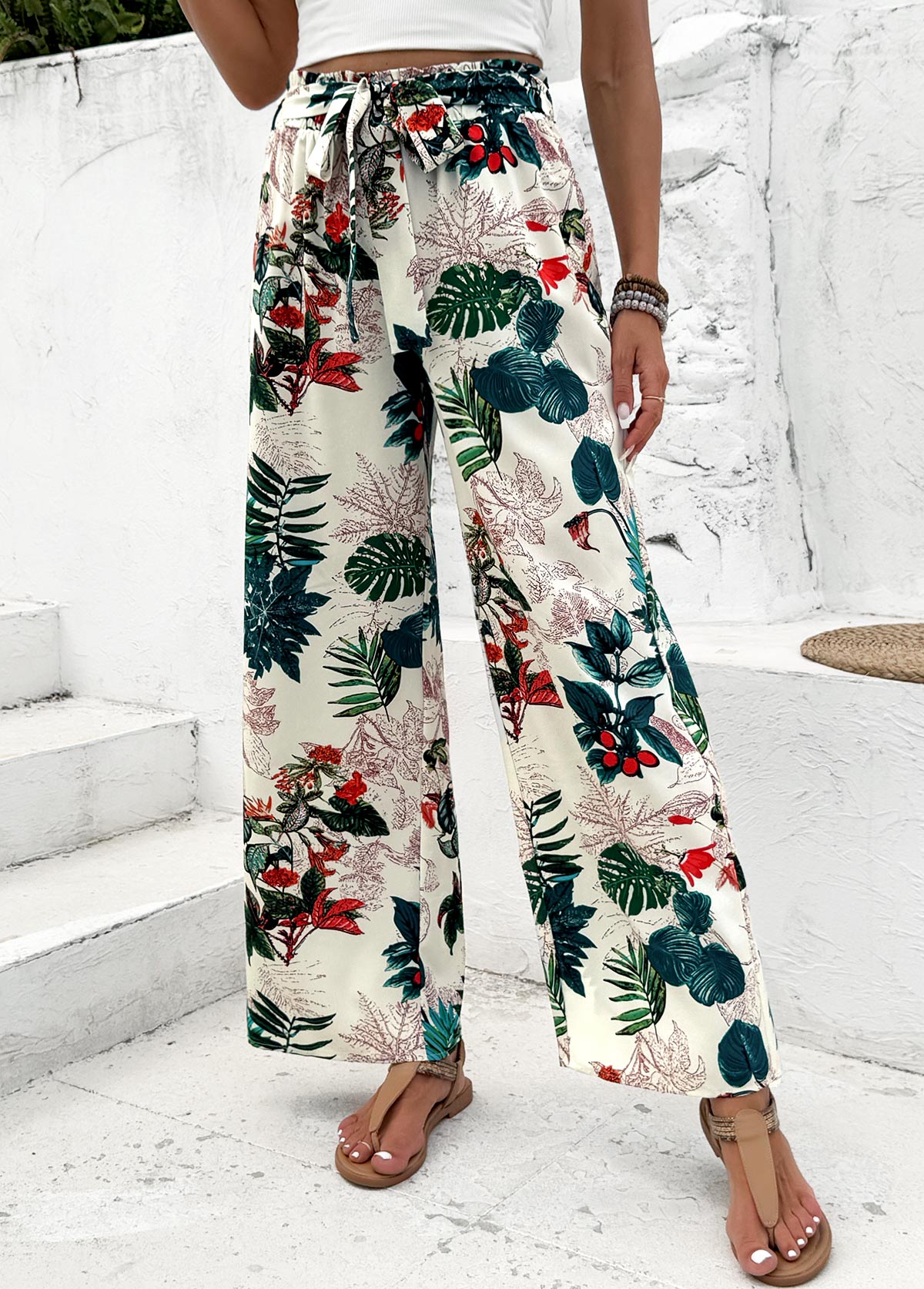 Plants Print Blackish Green Wide Leg Elastic Waist Pants