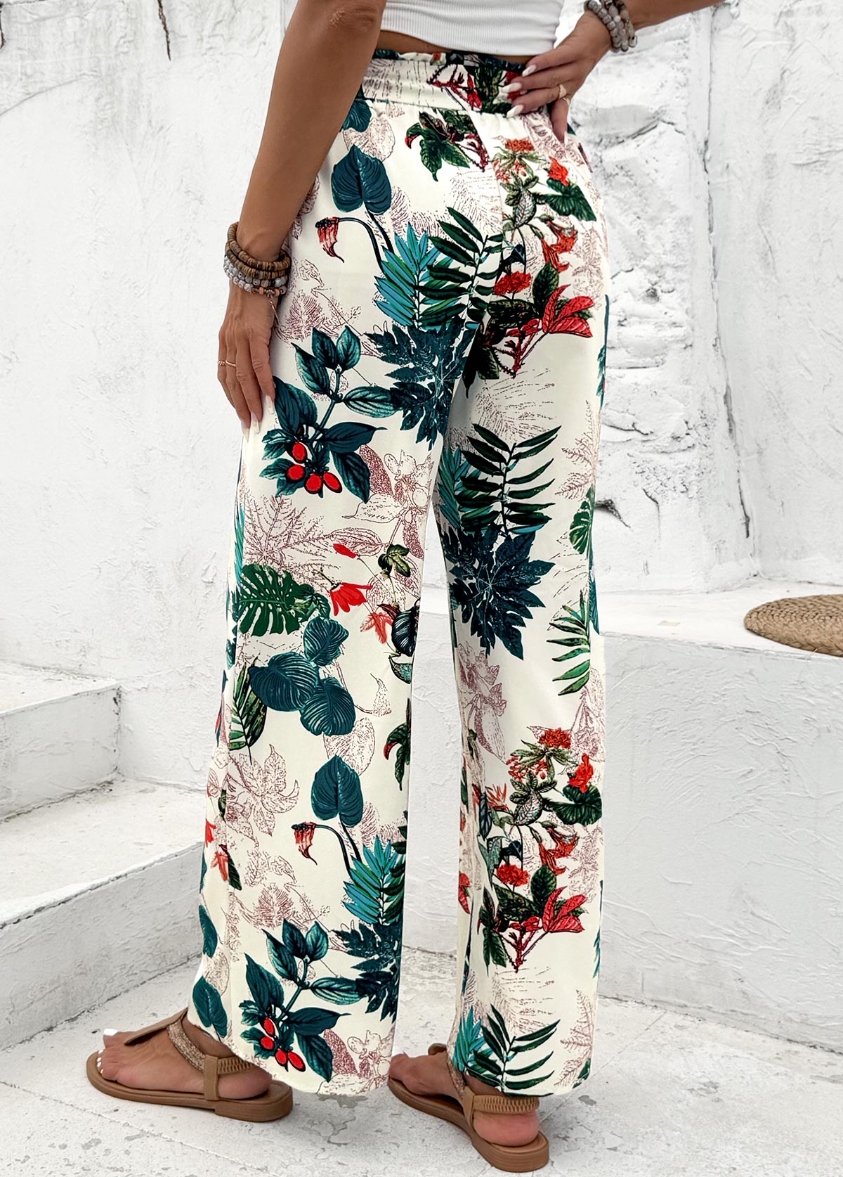 Plants Print Blackish Green Wide Leg Elastic Waist Pants