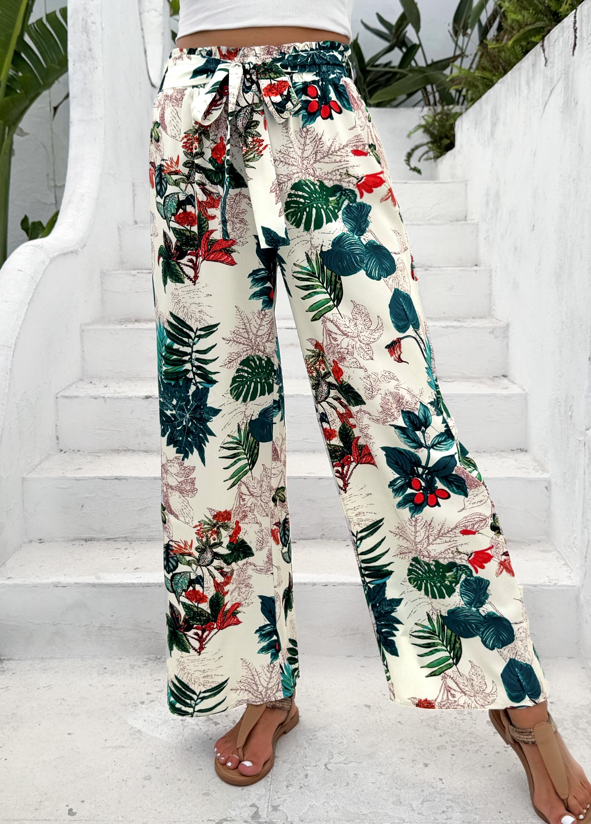 Plants Print Blackish Green Wide Leg Elastic Waist Pants