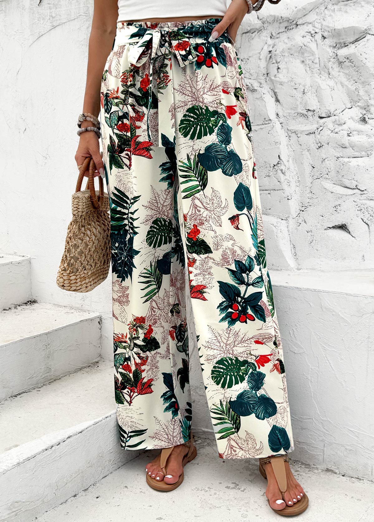 Plants Print Blackish Green Wide Leg Elastic Waist Pants
