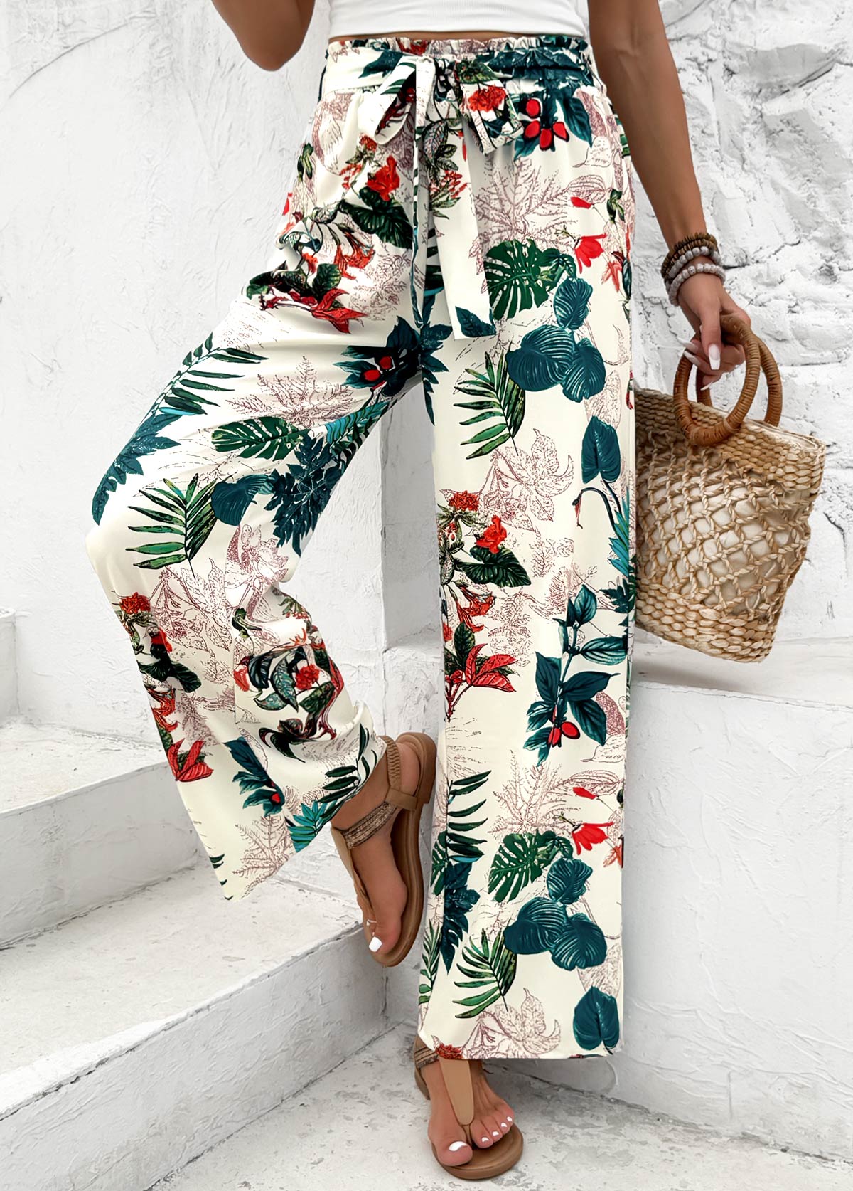 Plants Print Blackish Green Wide Leg Elastic Waist Pants