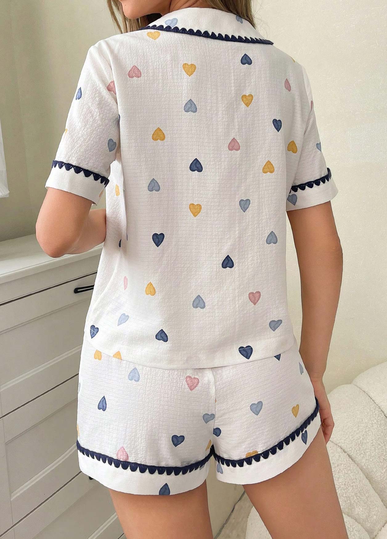 Heart Print Short Sleeve White Lounge Top and Shorts