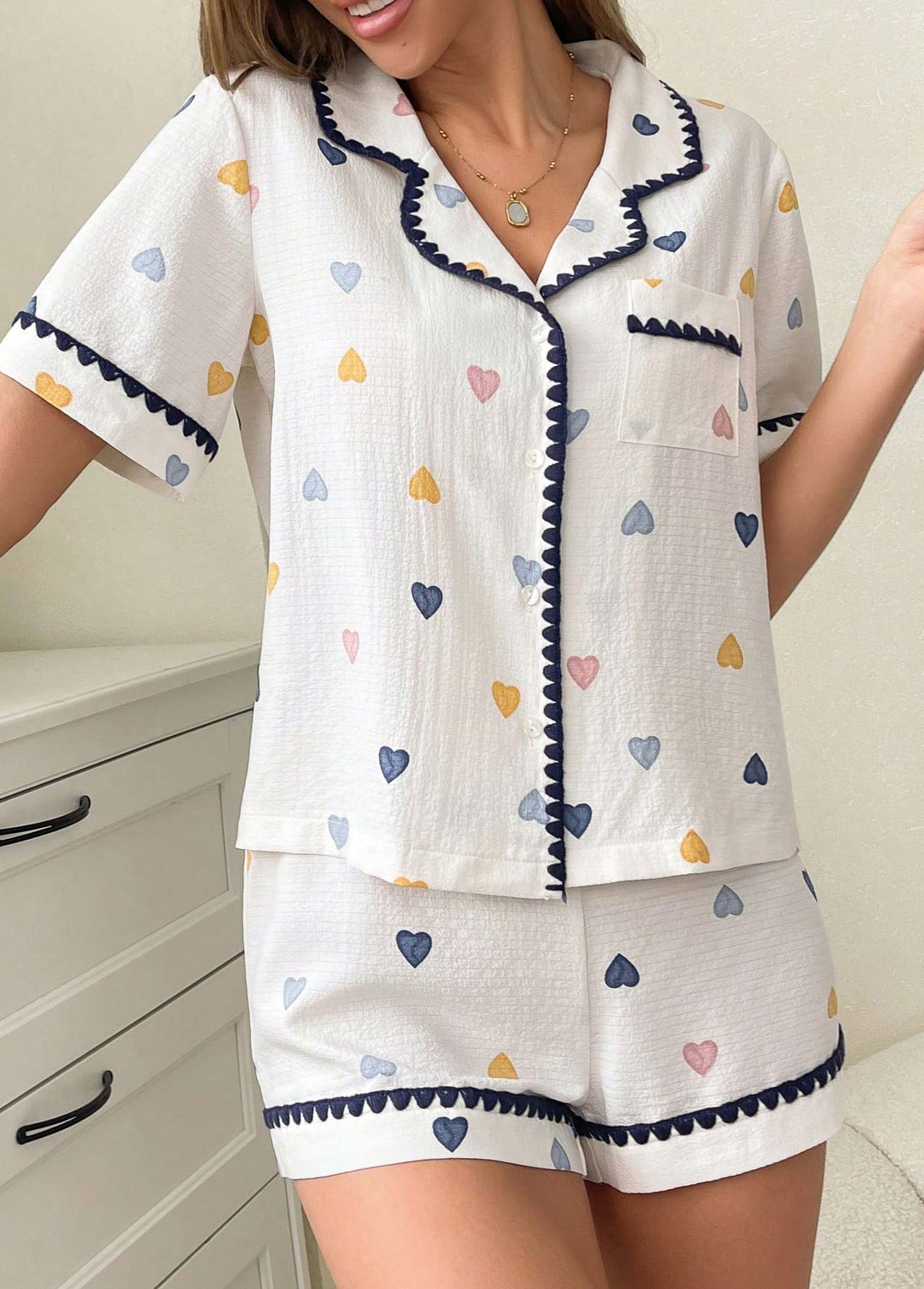 Heart Print Short Sleeve White Lounge Top and Shorts