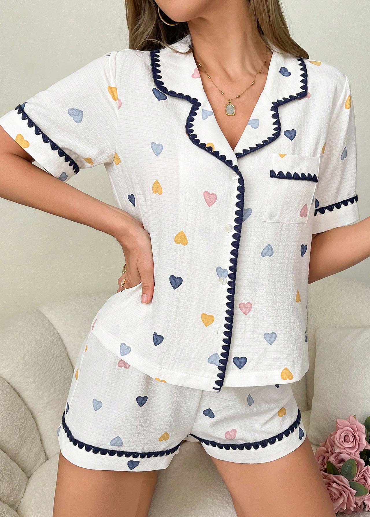 Heart Print Short Sleeve White Lounge Top and Shorts