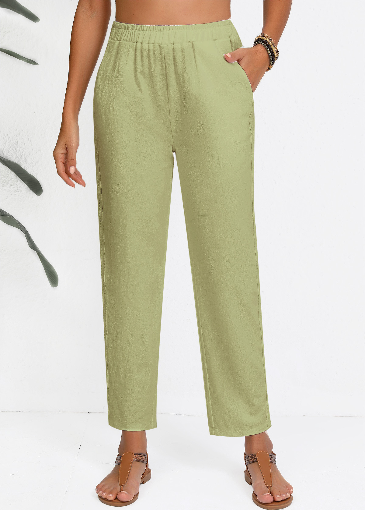Sage Green Straight Leg Elastic Waist High Waisted Pants