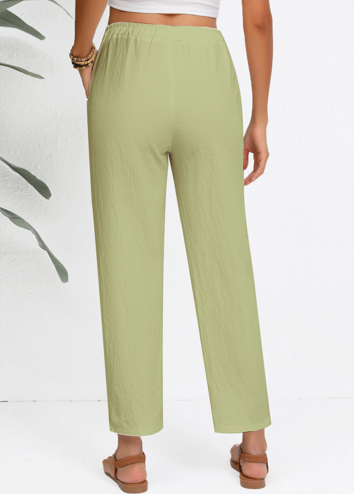 Sage Green Straight Leg Elastic Waist High Waisted Pants