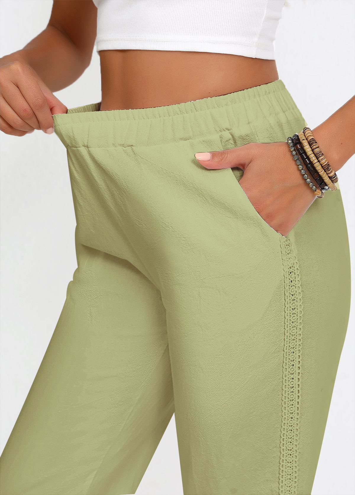 Sage Green Straight Leg Elastic Waist High Waisted Pants
