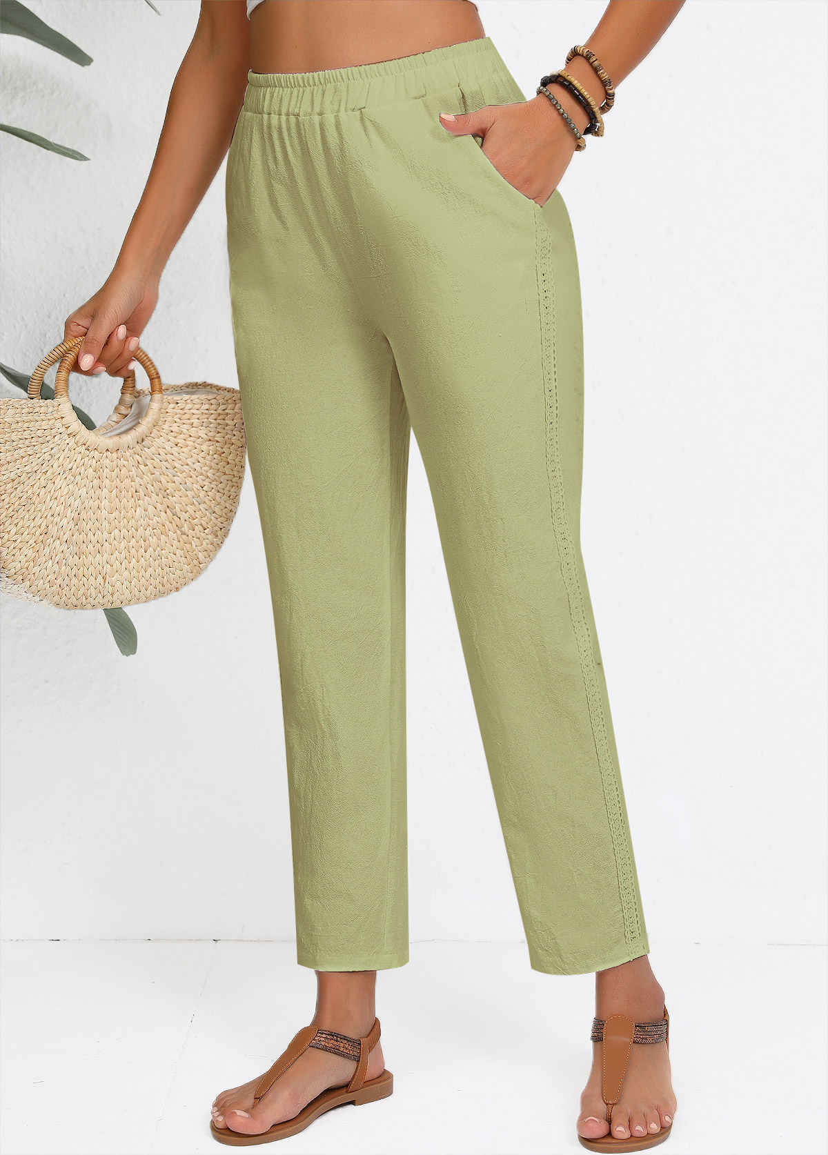 Sage Green Straight Leg Elastic Waist High Waisted Pants