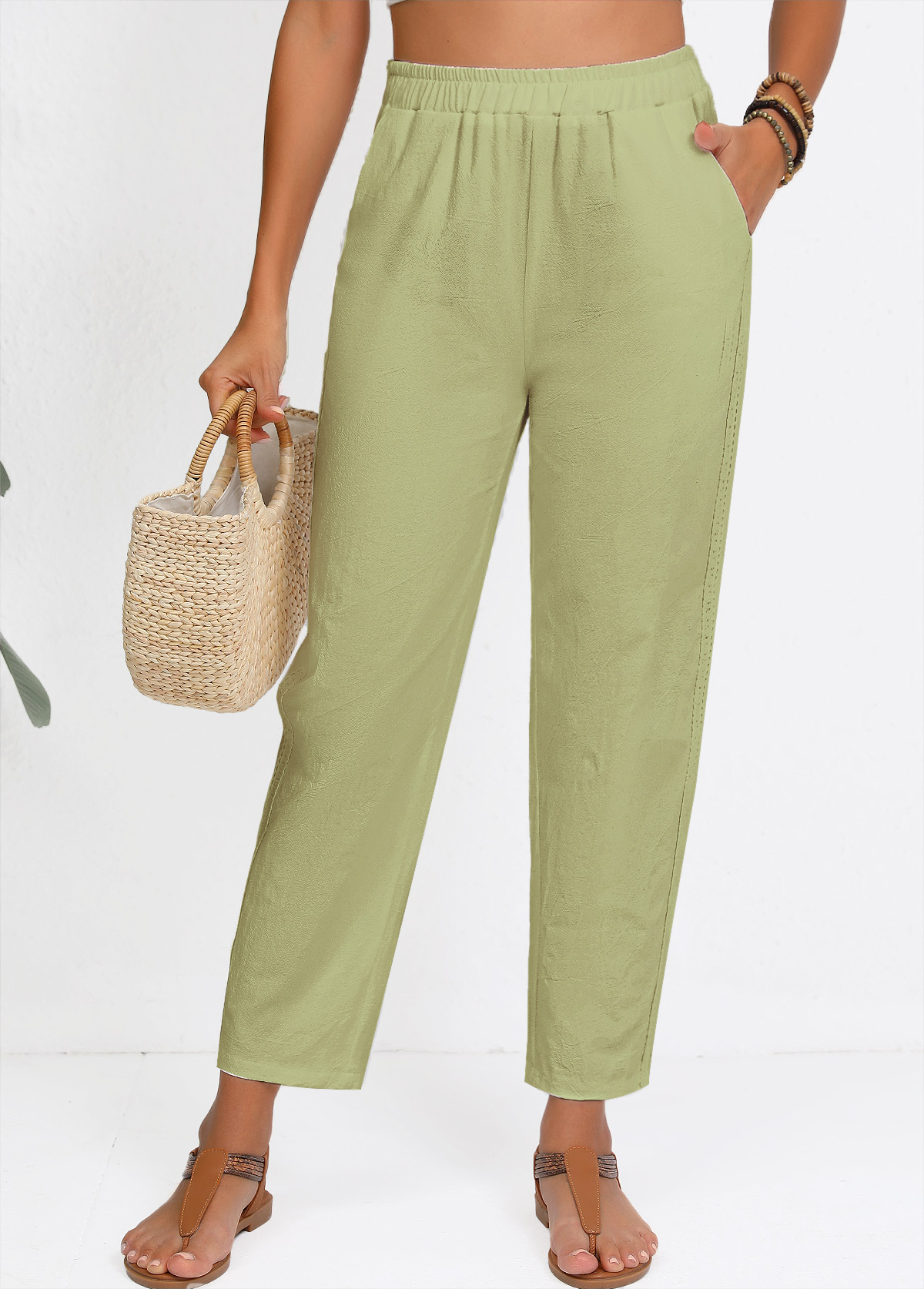 Sage Green Straight Leg Elastic Waist High Waisted Pants
