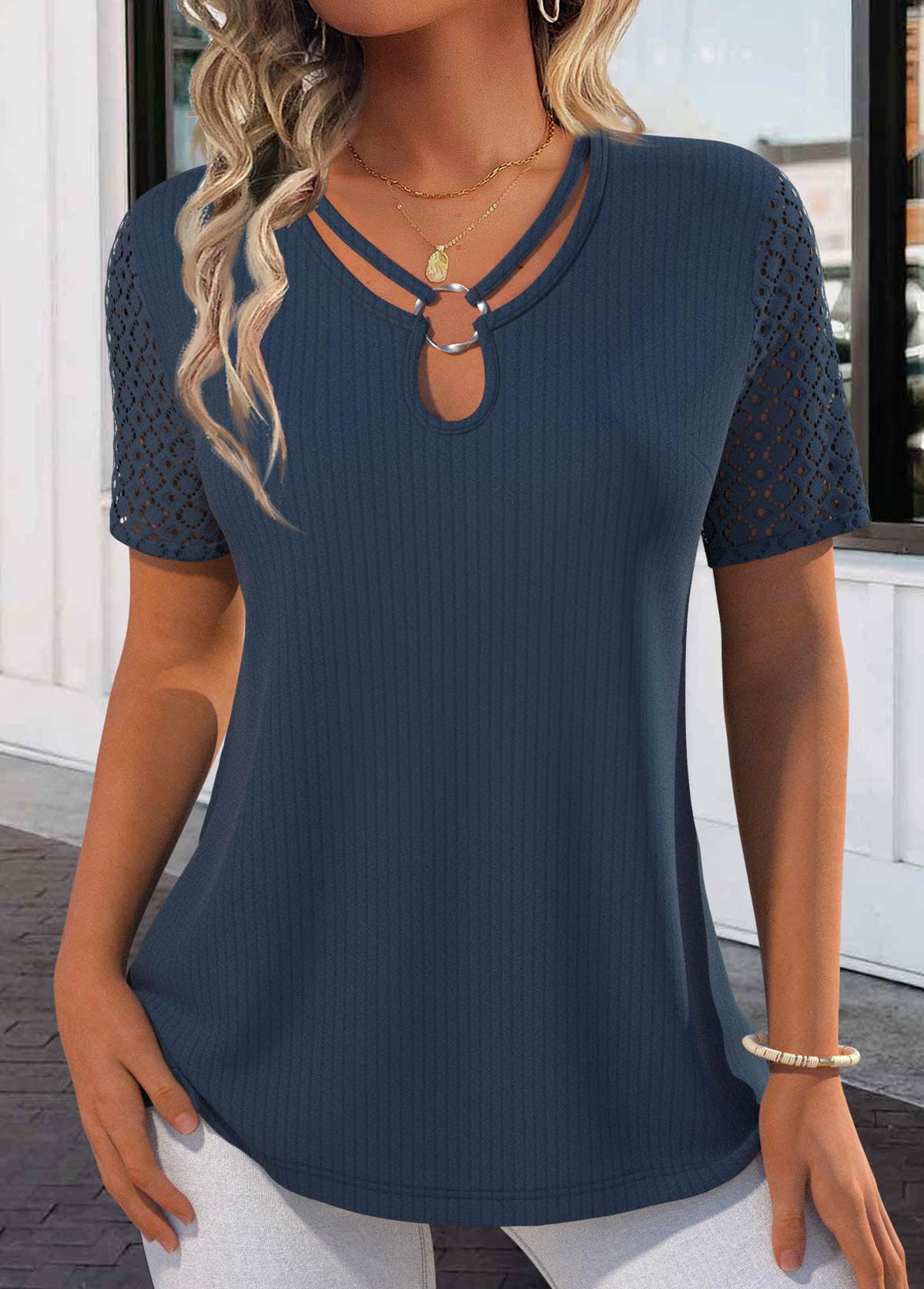 Lace Navy Short Sleeve Tie Collar T Shirt