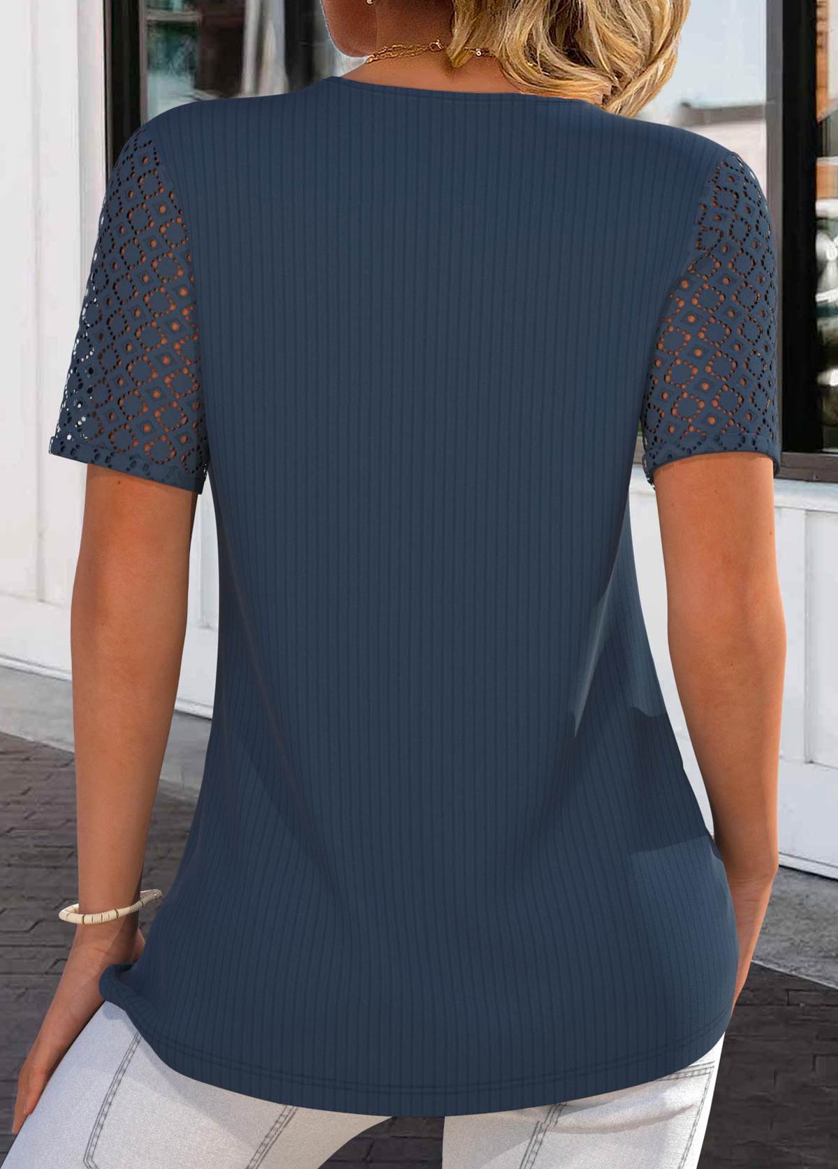 Lace Navy Short Sleeve Tie Collar T Shirt
